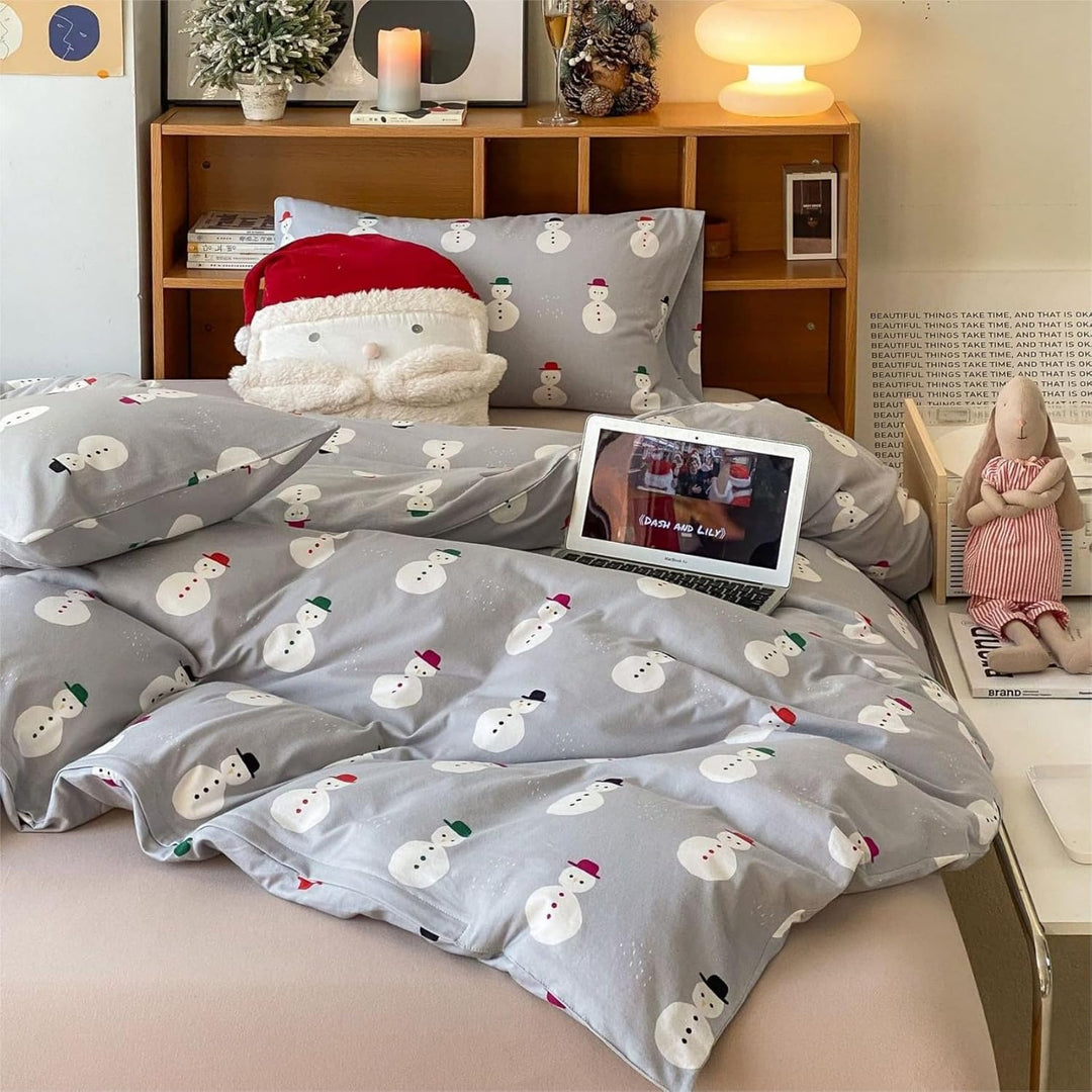 Freyamy Weihnachts Bettwäsche Set 135x200cm Grau Bunt Schneemann Bettwaren-Sets Junge Mädchen Weihna