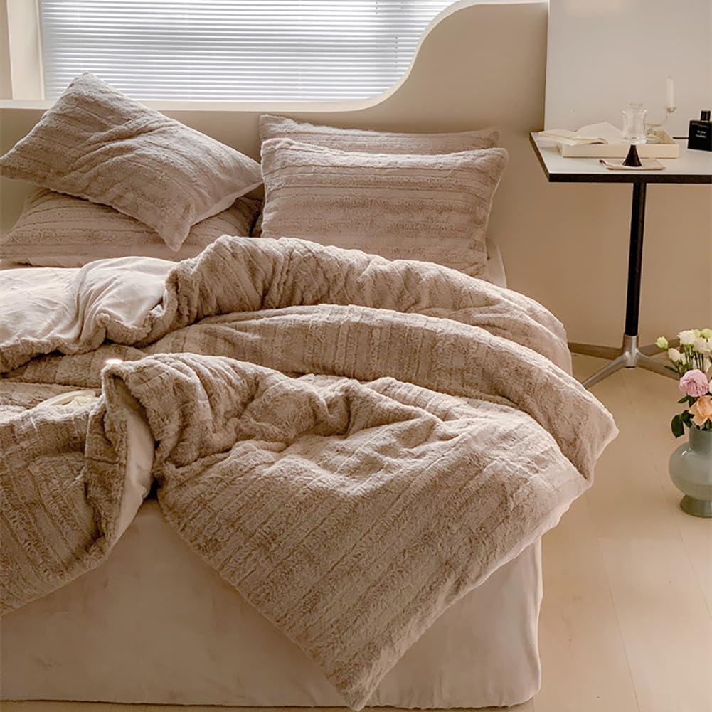 Plüsch Bettwäsche 135x200 4teilig Braun Winter Warme Flauschig Cashmere Touch Bettbezug Teddy Fleece