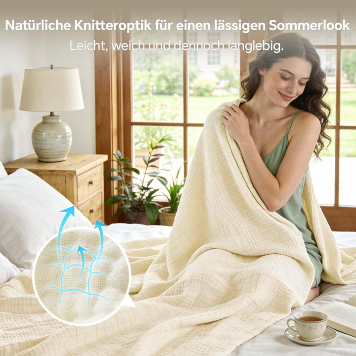 BEDELITE Musselin Decke 127x177cm Erwachsene Tagesdecke Baumwolle, Creme | weiche &amp; atmungsaktive 4-