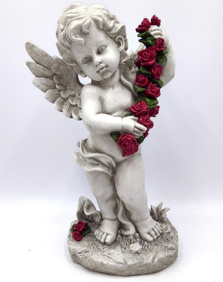 GeKi Trend Engel Figur mit Rosengirlande Dekofigur Putte frostfest Gartendeko Grabschmuck antik weis