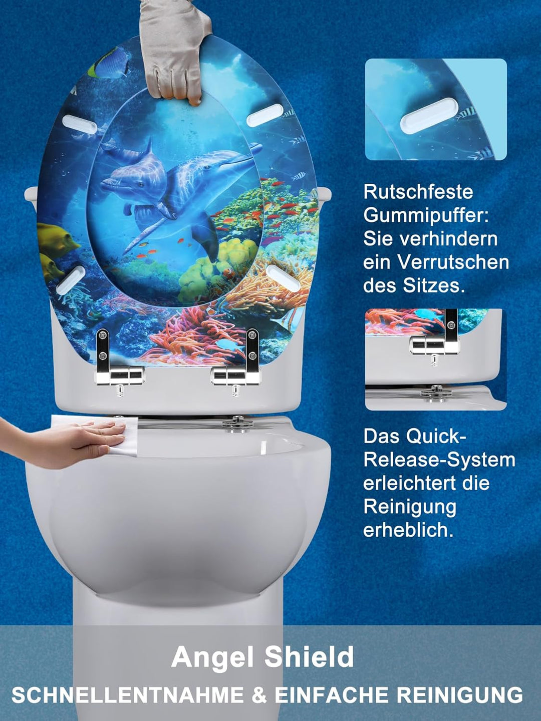 Angel Shield WC-Sitz mit Absenkautomatik, verstellbare Metallscharniere, zu reinigen, O-förmig, 45x3