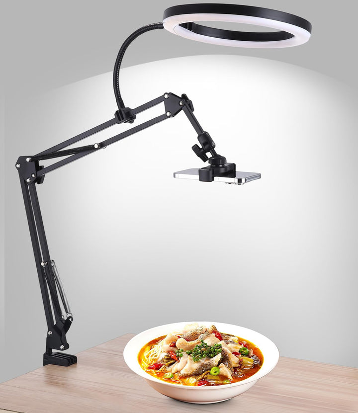 Handy Stativ mit Ringlicht, 10” Overhead Stativ Handy mit Fernsteuerung, Flexibler Tisch Kamera Arm