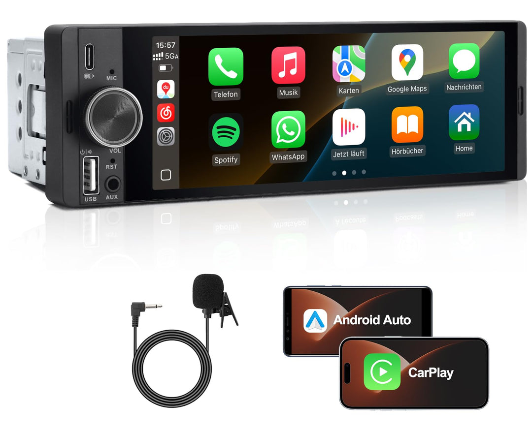 1 DIN Autoradio mit Wireless CarPlay & Android Auto, 6,36 Zoll Auto Radio mit Bildschirm, GPS Naviga