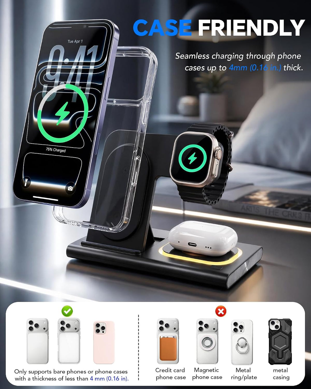 Aimtel 3 in 1 Induktive Ladestation Faltbare&amp;Nachtlichter Kompatibel mit iPhone 17/17 Pro/17 Pro Max