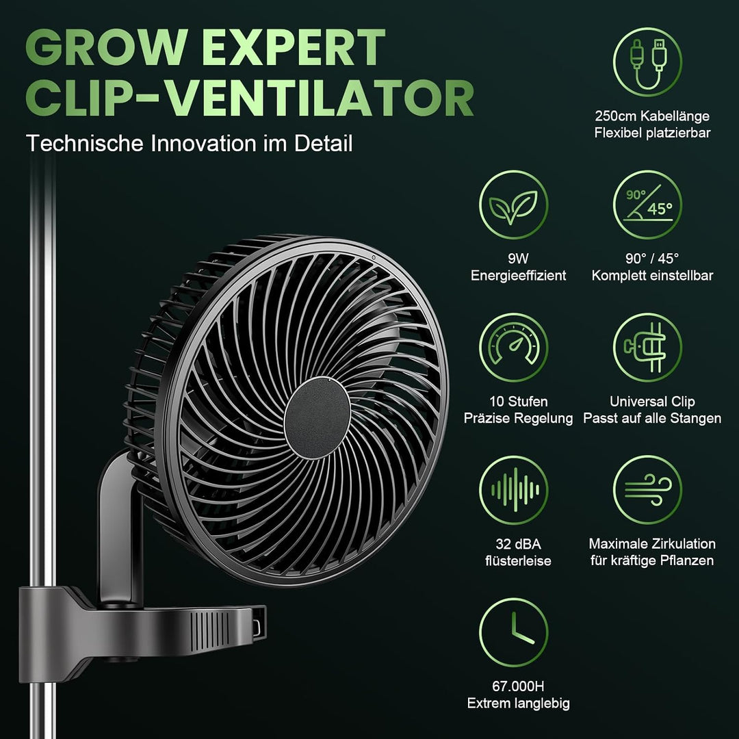 Grow Ventilator Oszillierend mit Clip, 10 Stufen EC-Motor 9W Ventilator für Growzelt &amp; Growbox, 325