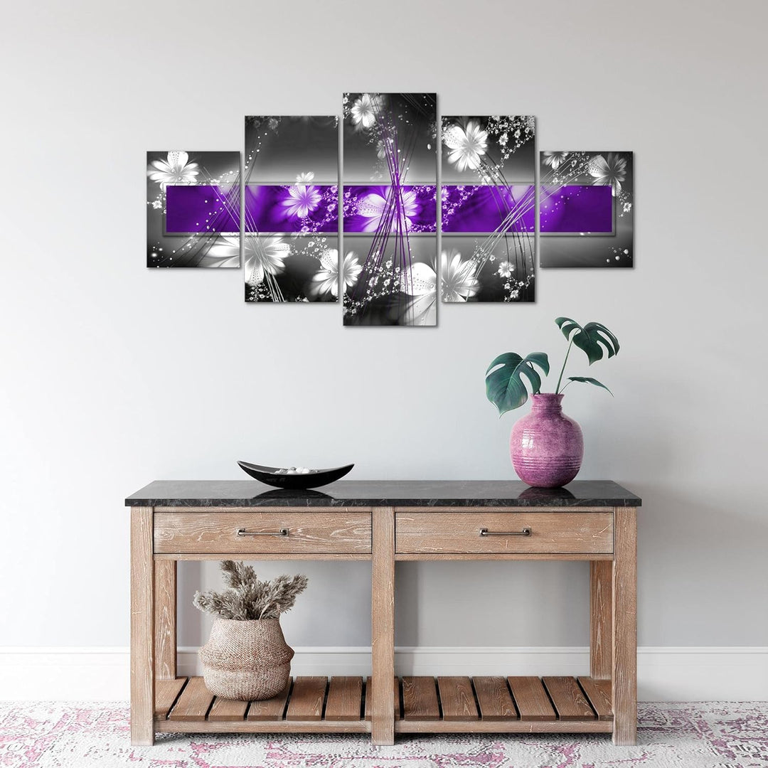 Runa Art Wandbilder Abstrakt Blumen 5 Teilig Bild auf Vlies Leinwand Deko Wohnzimmer Grau Lila Weiss