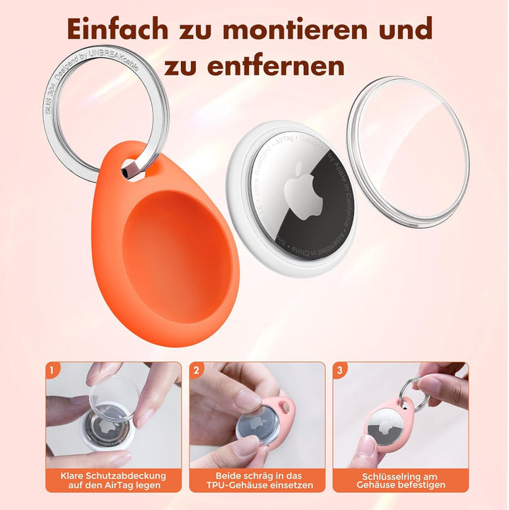 UNBREAKcable 360° Schutzhülle für AirTag [4er-Pack], TPU Vollschutz Schlüsselanhänger mit 304 Edelst