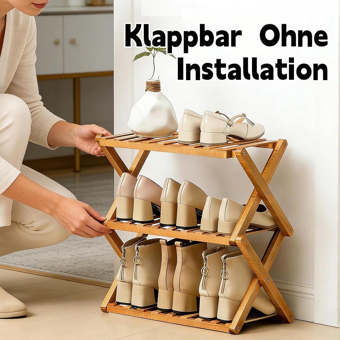 3 Ebenen Faltbares Schuhregal, Schuhregal Platzsparend Holz, Freistehendes Schuhregal für Eingangsbe