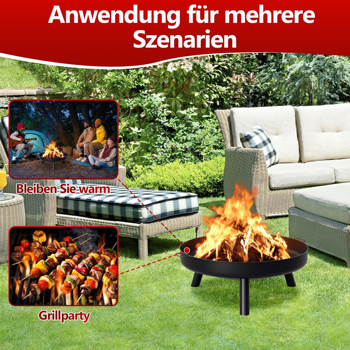 Feuerschale Ø82.5cm, Garten Terrasse Balkon Grosse Feuerstelle mit 3 Abnehmbaren Beinen und Griffen,