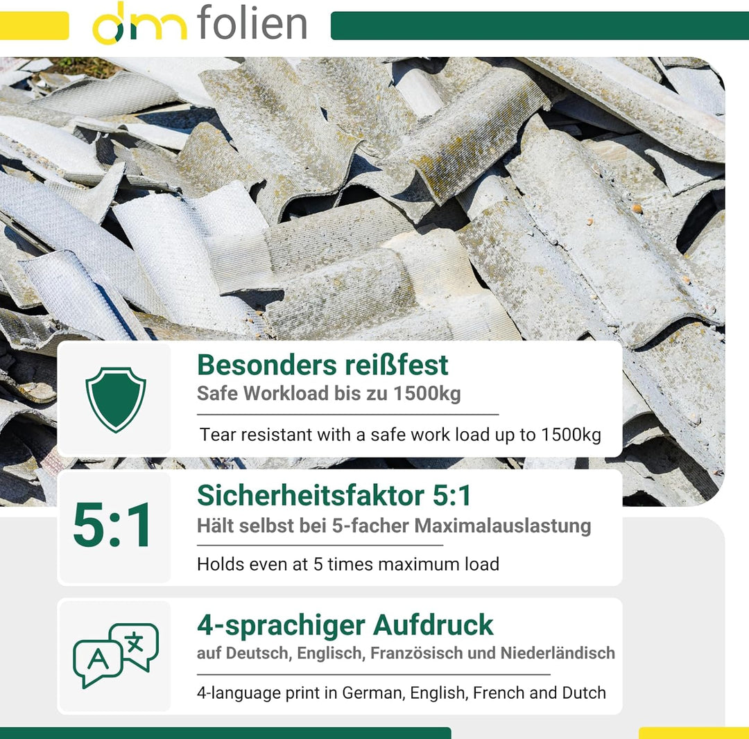 dm-folien Plattensack Asbest 260x125x30cm I 10 Stück I SWL 1.500 kg I Asbest Sack mit 4 Hebenschlauf
