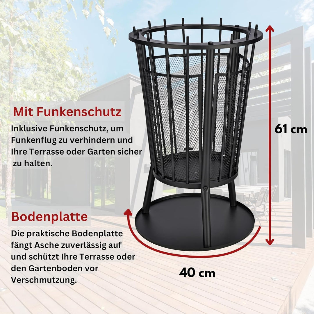 Robuster Feuerkorb Feuerstelle Eisen 61x40 cm Feuerschale mit Funkenschutz und Bodenplatte & HLKauf-
