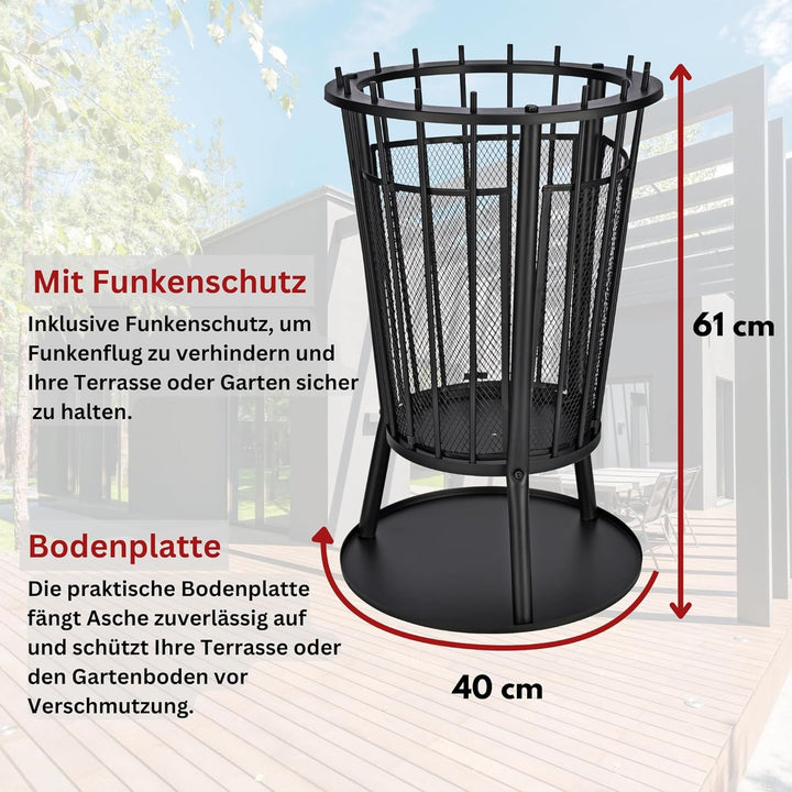 Robuster Feuerkorb Feuerstelle Eisen 61x40 cm Feuerschale mit Funkenschutz und Bodenplatte & HLKauf-