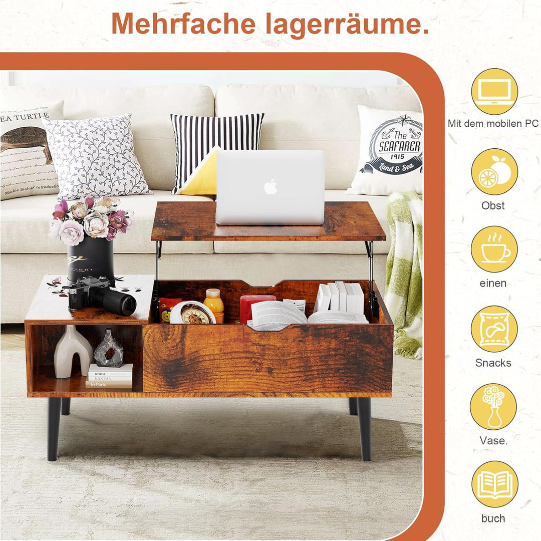 NEWBULIG Couchtisch mit Hebeplatte, mit verstecktem Fach, Kleiner Esstisch für Zuhause, Wohnzimmer,