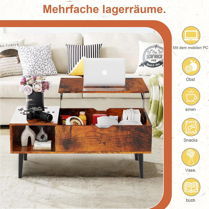 NEWBULIG Couchtisch mit Hebeplatte, mit verstecktem Fach, Kleiner Esstisch für Zuhause, Wohnzimmer,