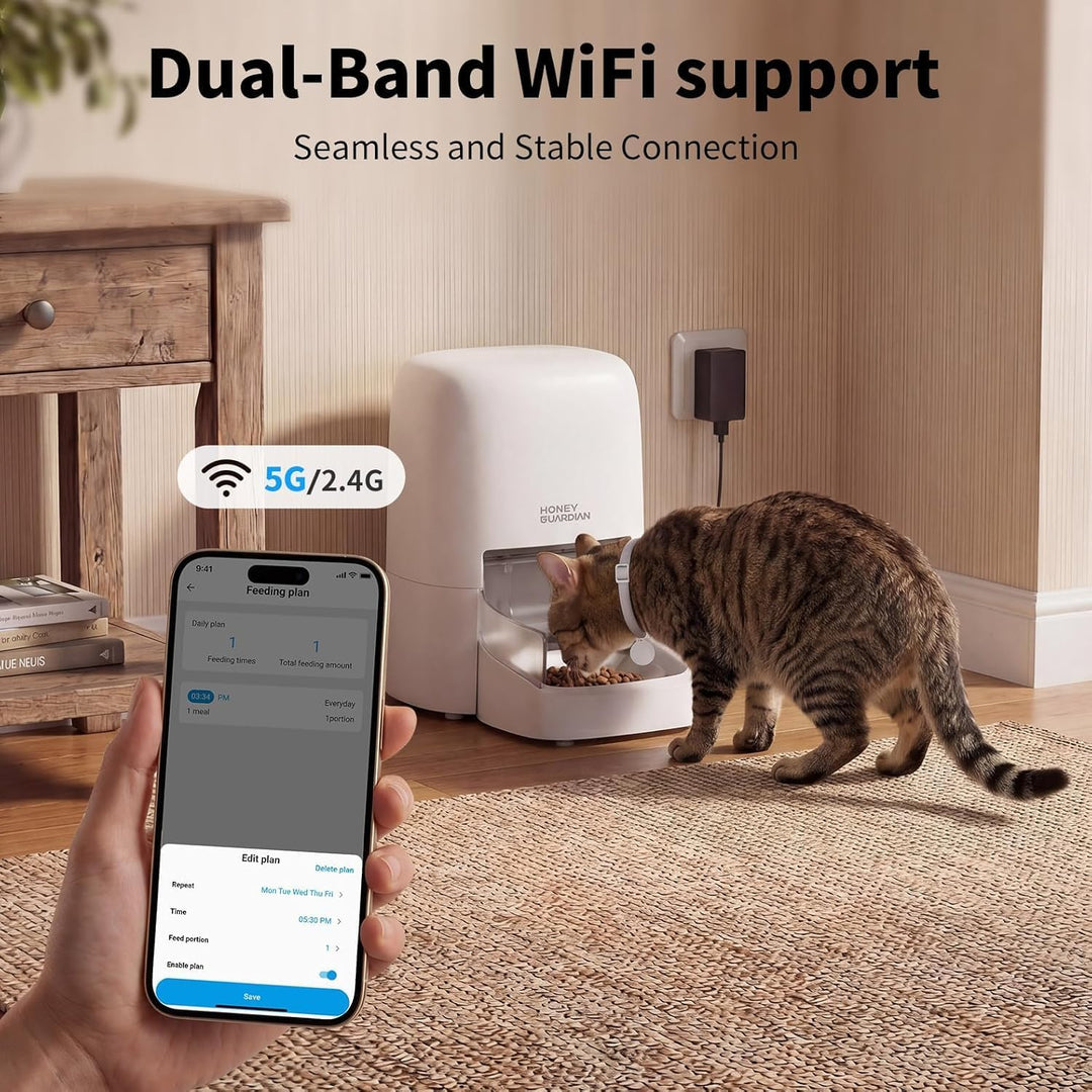 Futterautomat Katze RFID, 5G WiFi Futterspender Katze mit Collar-Tag-Sensor, 4.6L Katzenfutter Autom