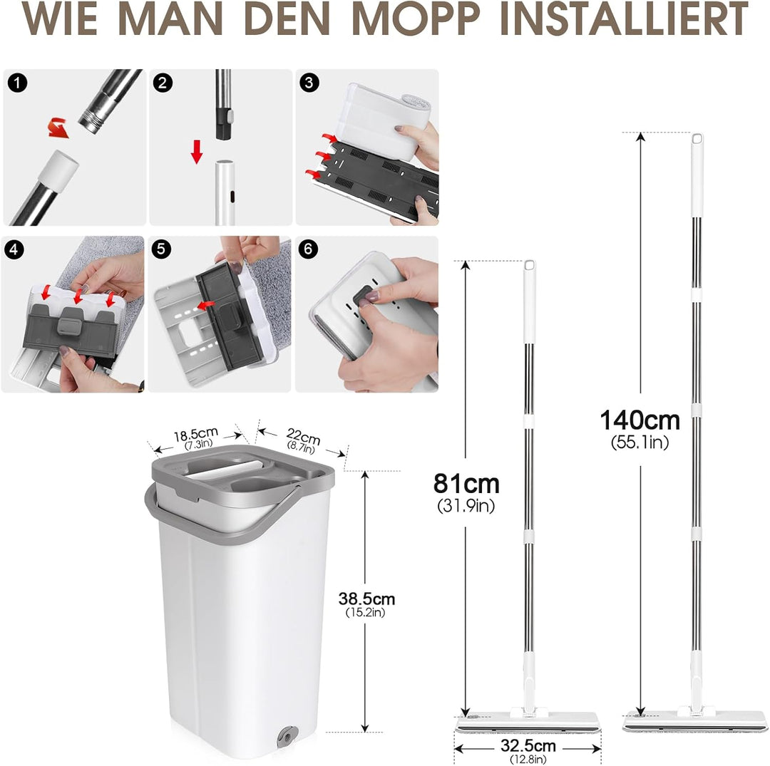 MASTERTOP Flachmopp und Eimer Set, Mikrofaser Bodenwischer mit 10 wiederverwendbaren Wischmopp-Pads