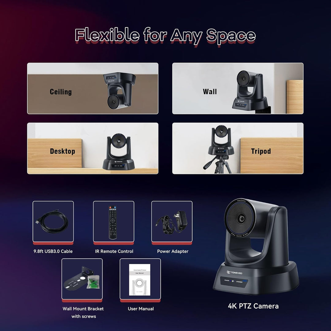 TONGVEO 4K PTZ-Konferenzkamera, KI-Auto-Tracking, 3X optischer Zoom, HDMI/USB 3.0, 93°-Weitwinkel fü