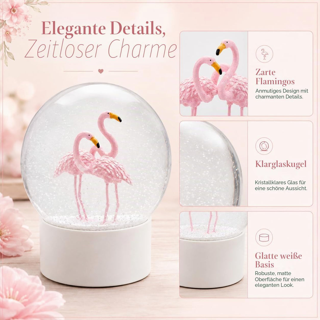 Mingfuxin Flamingo Schneekugel Kristallkugel mit weissem Sockel, weisse Flocken, Glas-Schneekugel Fl
