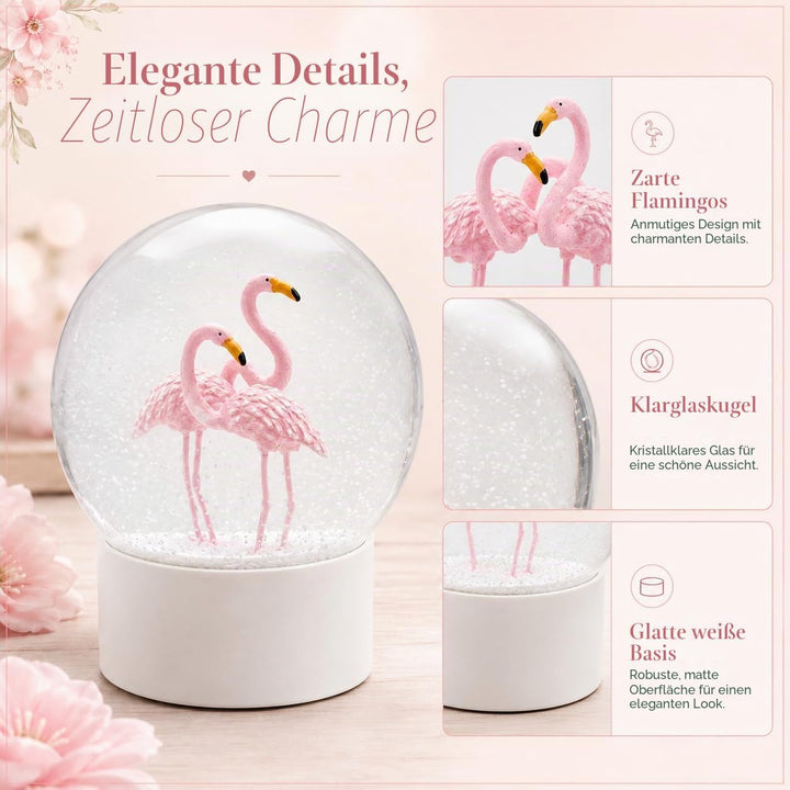 Mingfuxin Flamingo Schneekugel Kristallkugel mit weissem Sockel, weisse Flocken, Glas-Schneekugel Fl