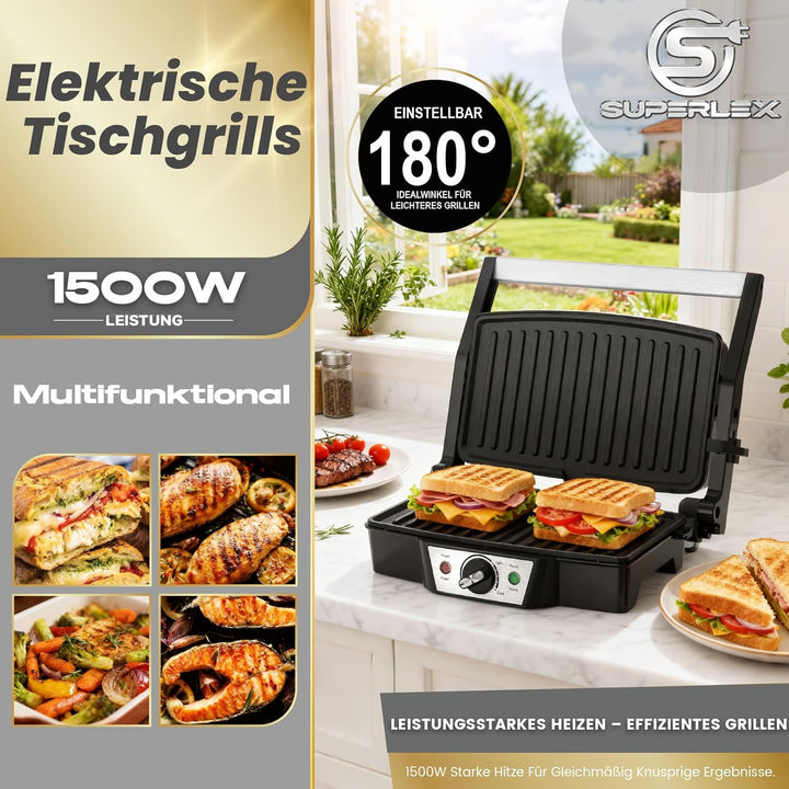 Edelstahl Kontaktgrill Elektrogrill 1500W mit Antihaftplatten | Sandwichmaker & Panini Grill für Ste