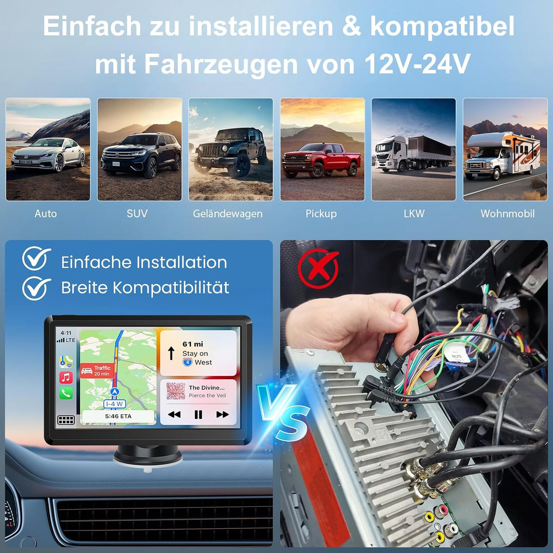 Wireless CarPlay Display, Tragbare Autoradio mit Android Auto,Touchscreen Bildschirm, MirrorLink, Sp