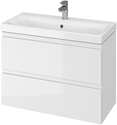 VBChome Badmöbel 80 cm Slim Weiss mit Armatur und Pop-up ventil Waschbecken mit Unterschrank Waschti