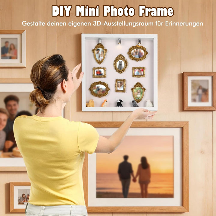 Upgrade DIY Mini Museum Bilderrahmen Set, Schattenbox mit seitlich öffnender Acrylfront & LED-Licht,
