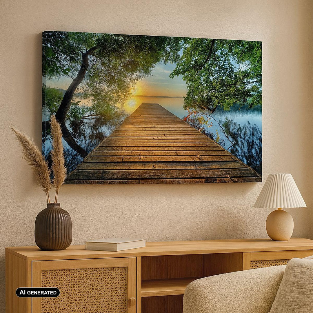 ARTTOR Bilder auf Leinwand 100x70cm Leinwandbild mit Rahmen Brücke See Gross Wanddeko Bild Schlafzim