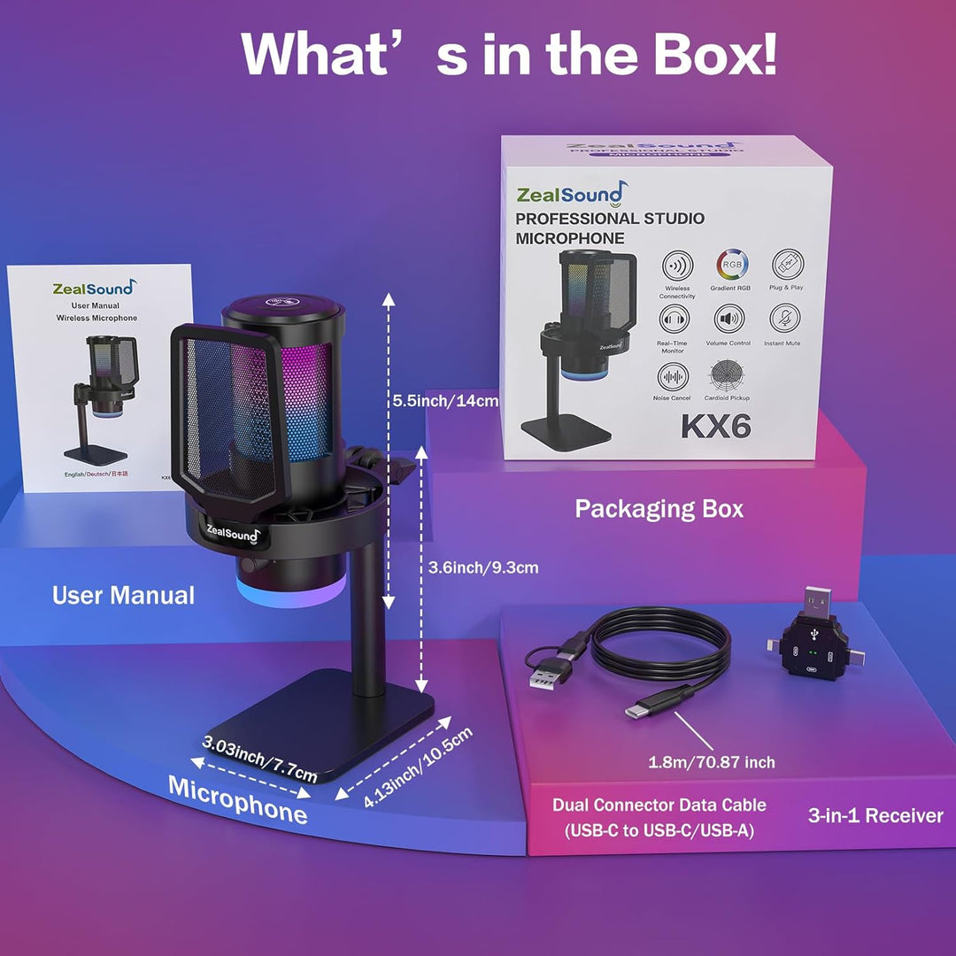 zealsound Kabellos USB Kondensator Mikrofon für PC Laptop & Handy, RGB Desktop Gaming Mikrofon, 24Bi