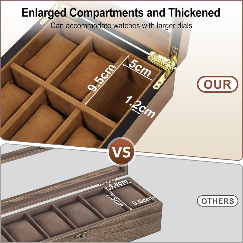 Uten Uhrenbox Holz für 6 Uhren, Uhrenkasten mit Schlüssel,Weiche Kissen & goldenes Schloss, Grosse K