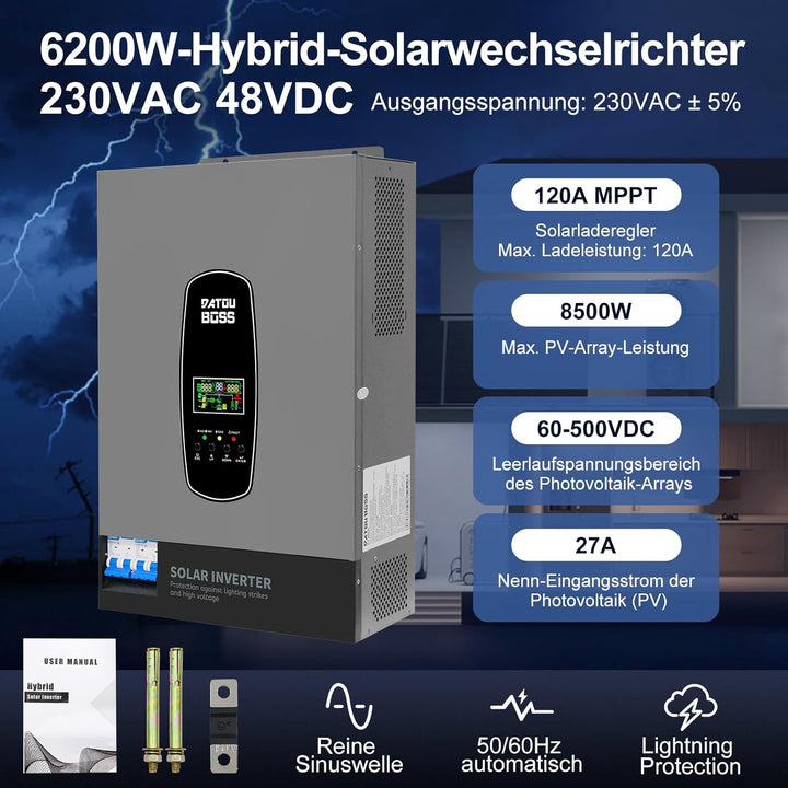 DATOUBOSS 6200W Hybrid Solar Wechselrichter 48V, Reiner Sinus, PV-Array bis 8500W, PV-Inverterleistu