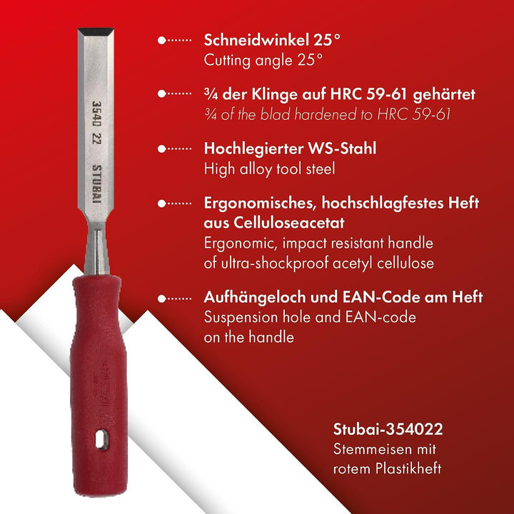 STUBAI Stechbeitel mit rotem Plastikgriff &amp; extra langer Klinge, Ø 22 mm, Stemmeisen zur präzisen Be