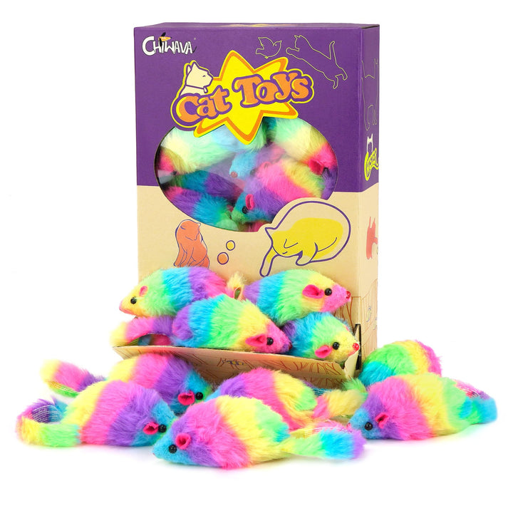 Chiwava 24 STK. 7,5cm Regenbogenfarbene pelzige Katzenspielzeug mäuse mit Rassel Kätzchen Maus Inter