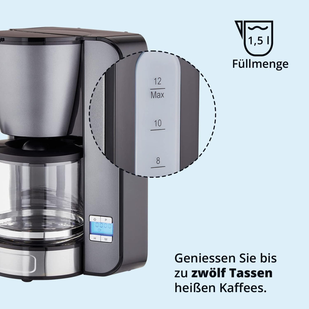 KHG Kaffeeautomat KA-124 (GE) aus Metall in grau, Kapazität für 12 Tassen, mit Glaskanne 1,5 Liter,
