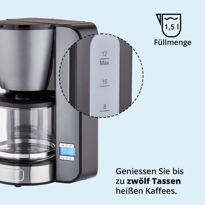 KHG Kaffeeautomat KA-124 (GE) aus Metall in grau, Kapazität für 12 Tassen, mit Glaskanne 1,5 Liter,