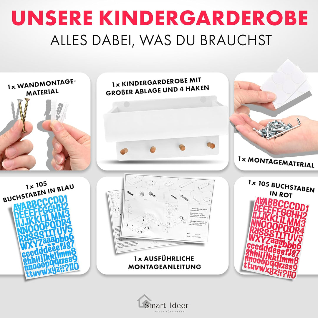 Smart Ideer - Kindergarderobe mit Ablage - Individuell mit selbstklebenden Buchstaben - Wandgarderob