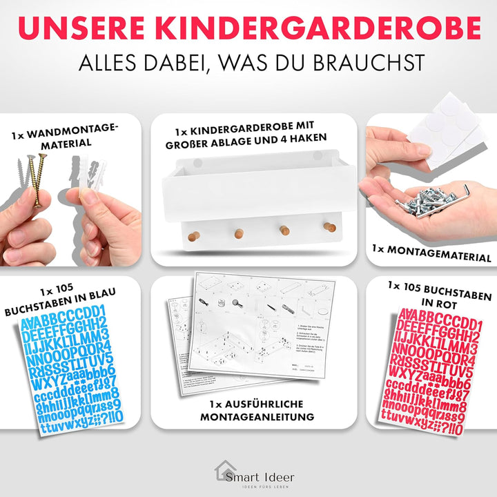 Smart Ideer - Kindergarderobe mit Ablage - Individuell mit selbstklebenden Buchstaben - Wandgarderob