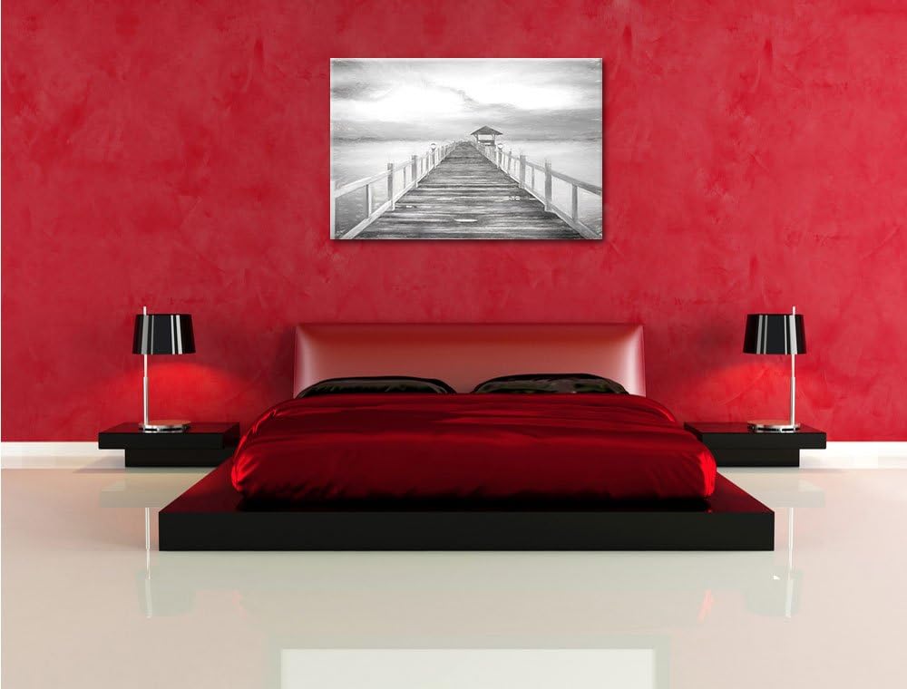 Pixxprint Steg ins Meer bei Sonnenuntergang Kohle Zeichnung Effekt, Format: 100x70 auf Leinwand, XXL