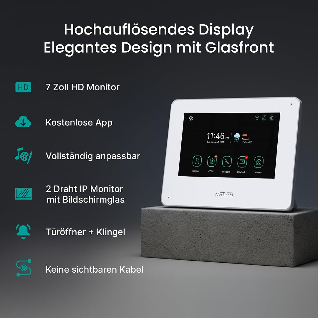 Mathfel 2-Draht Video Türsprechanlage mit Gesichtserkennung – WLAN Monitor, 2MP HD Kamera, 170° Weit