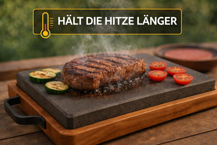 Lavastein Grillplatte mit Holztablett 27x18 cm – Heisser Stein für Steak & Fleisch – BBQ Servierplat