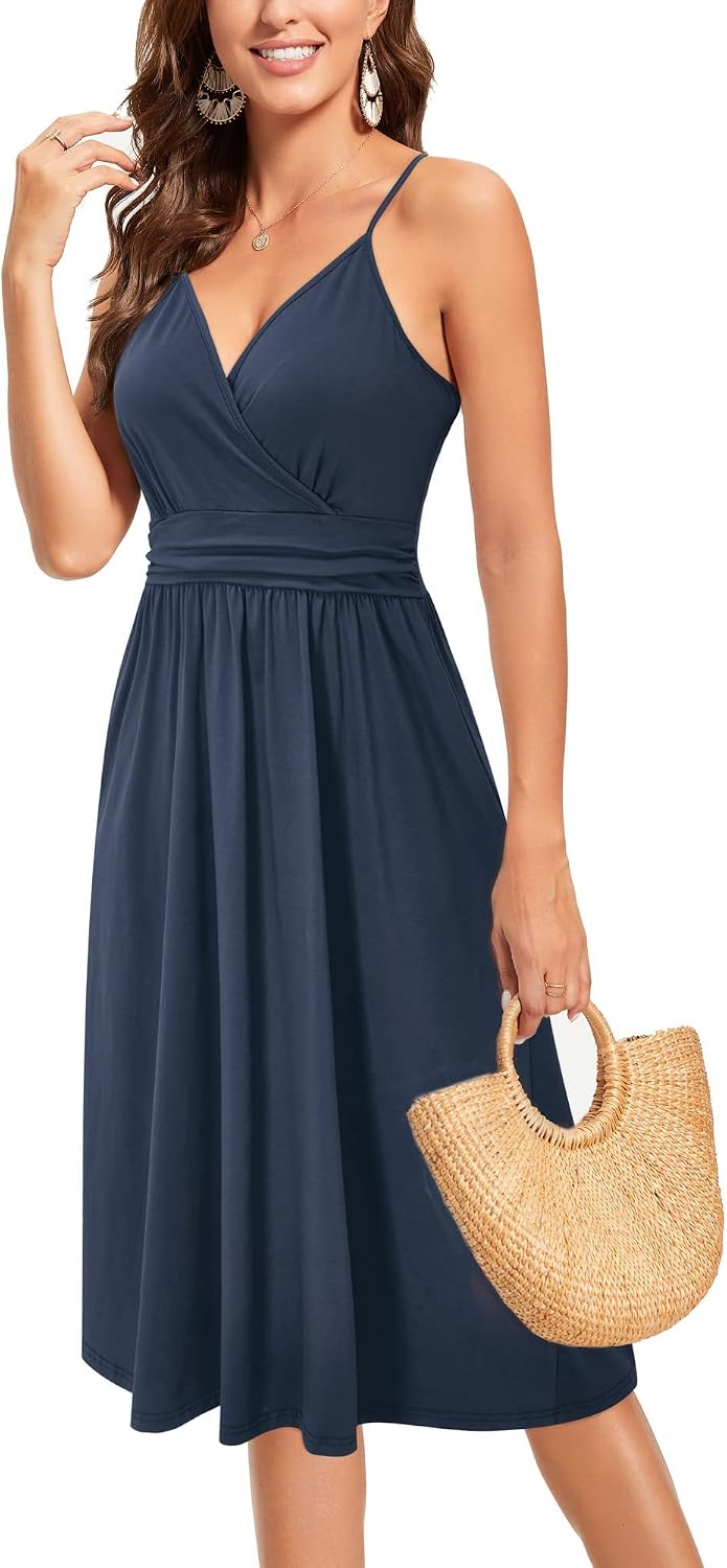 OUGES Kleid Damen Spaghettiträger Sommer Kleider Knielang V-Ausschnitt Strandkleid mit Taschen XXL M