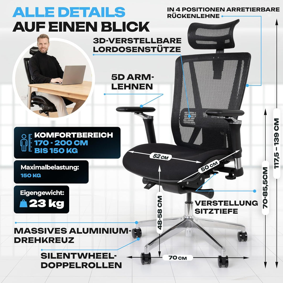 VALKENSTOL M8 Bürostuhl Ergonomisch Testsieger für Grosse Menschen, Breite Sitzfläche Schreibtischst
