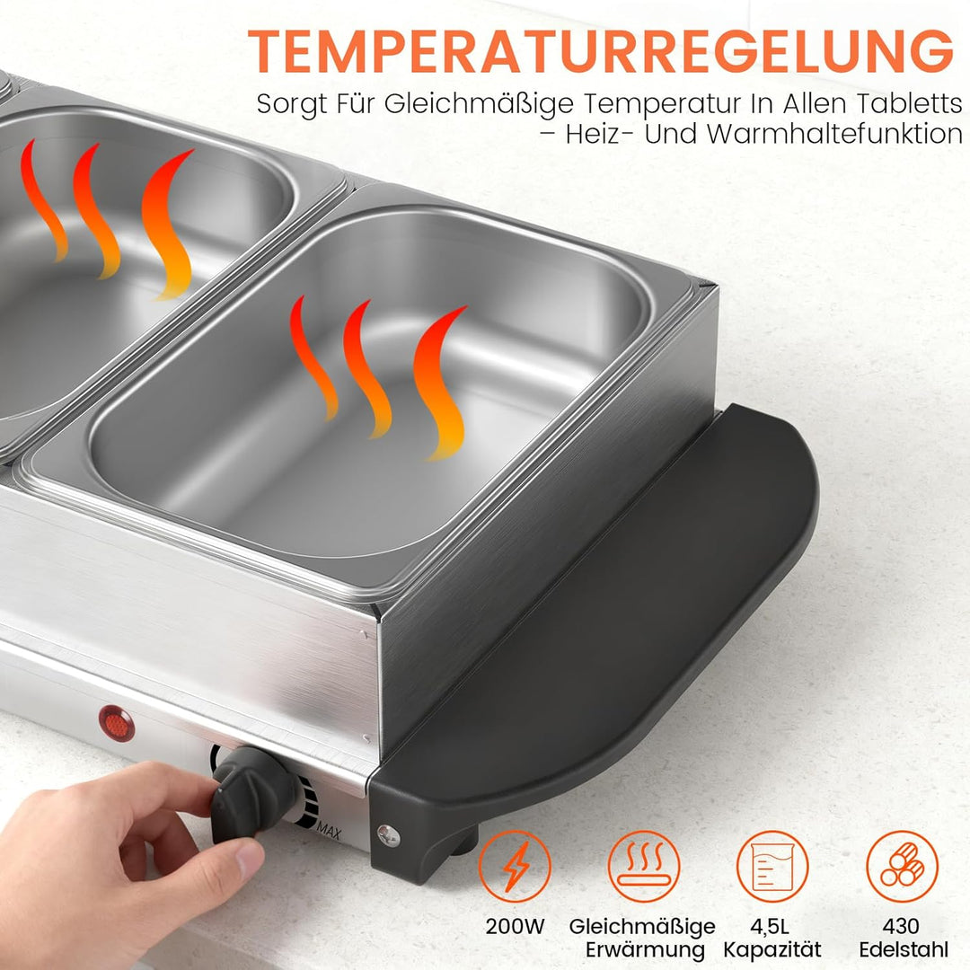 2in1 Warmhalteplatte und Buffetwärmer aus Edelstahl 200W mit 3x1,5L Speisebehältern Gleichmässige Wä