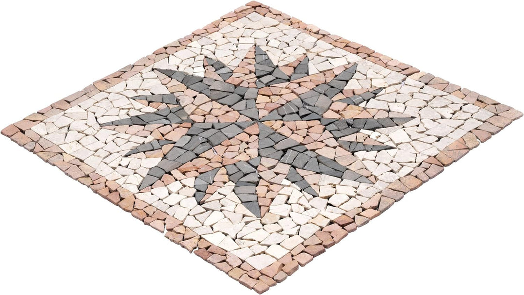 DIVERO Fliesen Rosone Windrose Naturstein Mosaik Marmor dekorativ creme-grau- rosé 90 x 90 cm Fliese