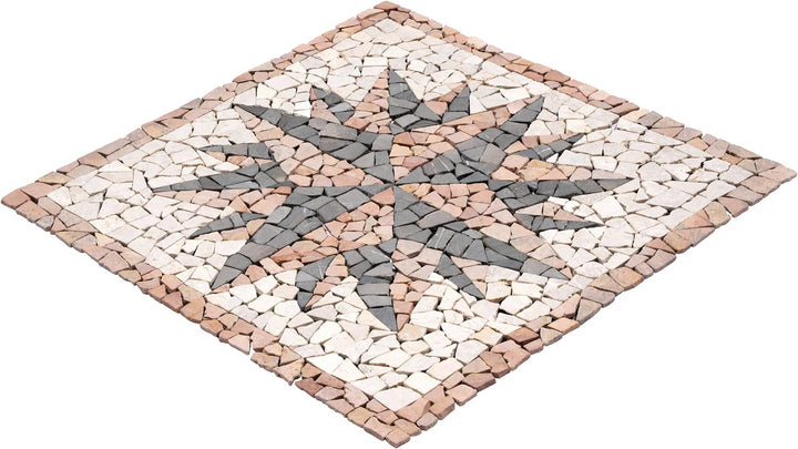 DIVERO Fliesen Rosone Windrose Naturstein Mosaik Marmor dekorativ creme-grau- rosé 90 x 90 cm Fliese