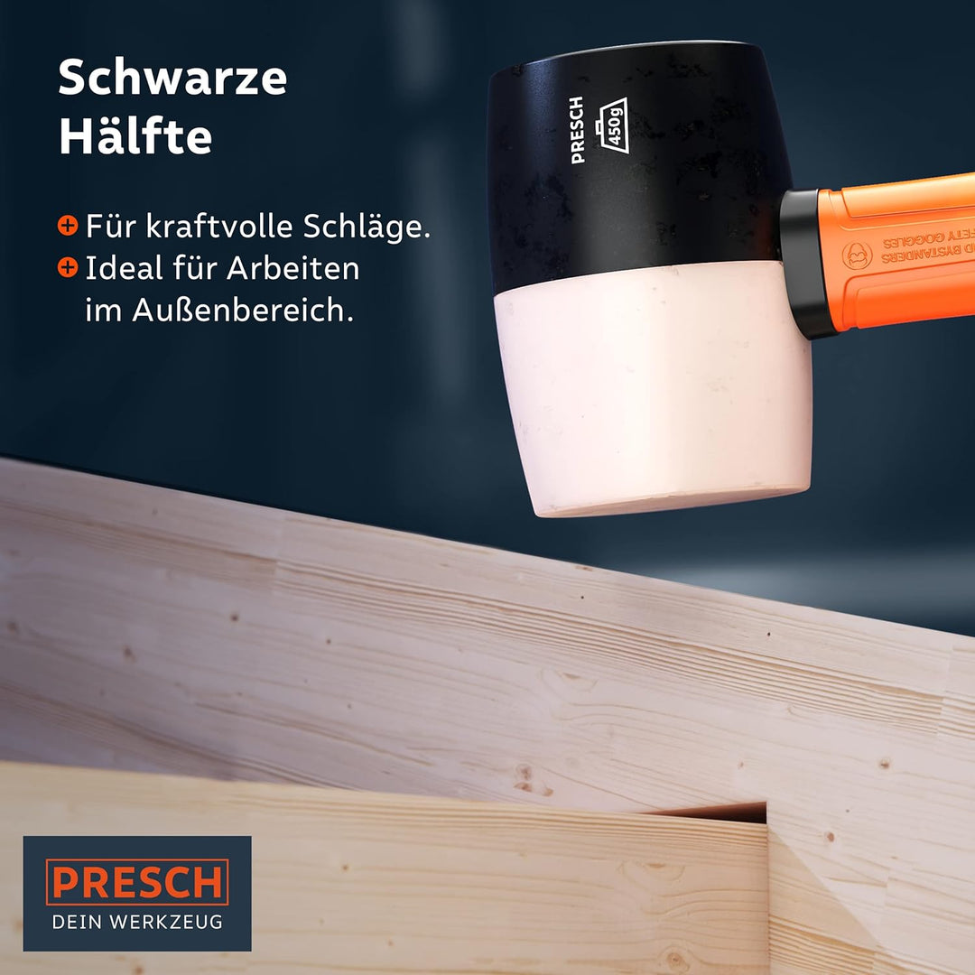Presch Gummihammer Schwarz/Weiss 450g - Hartgummihammer mit Fiberglasstiel | ⌀=55mm - Allround-Gummi