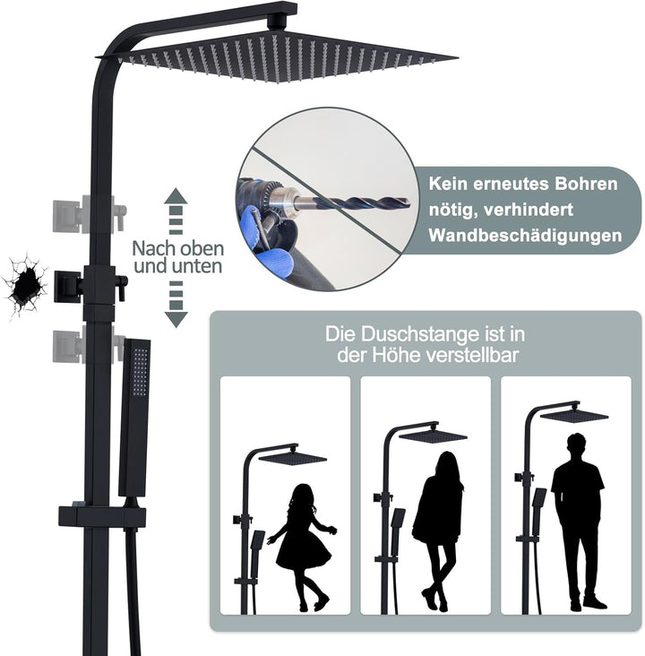 HOMELODY Duschsystem mit Thermostat Schwarz - Edelstahl Duscharmatur Komplettset mit 30x30CM Kopfbra