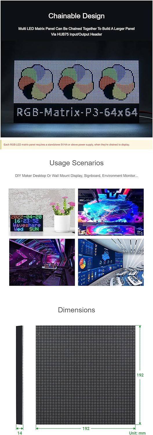 64x64 RGB LED Matrix Panel Full Color for Raspberry Pi/Ardui 192x192 mm 3mm Pitch 4096 LEDs Adjustab