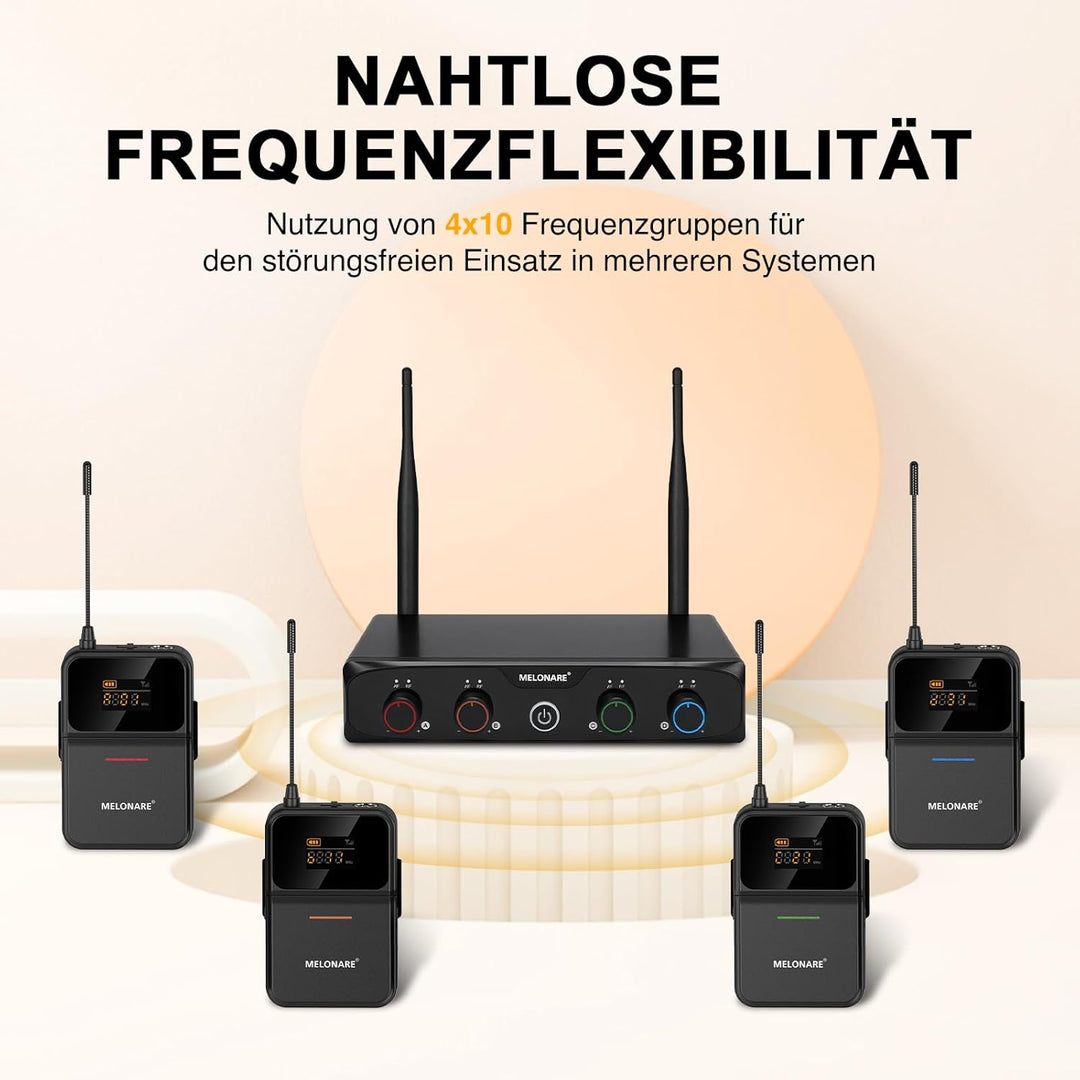 4-K-UHF-Funkmikrofonsystem mit 4x10 Frequenzen, 200 Fuss Reichweite, 4 Bodypack und Headset/lapelle-