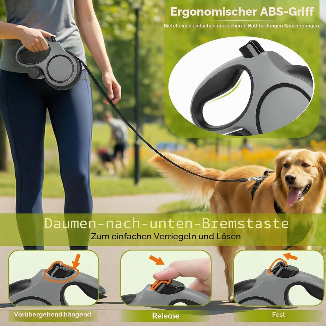 Hundeleine 8m, Robuste Rollleine für Hunde bis 50kg/110lbs, Flexileine mit Bequemen Griff &amp; Kotbeute